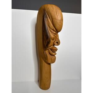 Handmade Wooden Head Carving Tiki Statue MCM Modern Wood Carved Face Art 18"